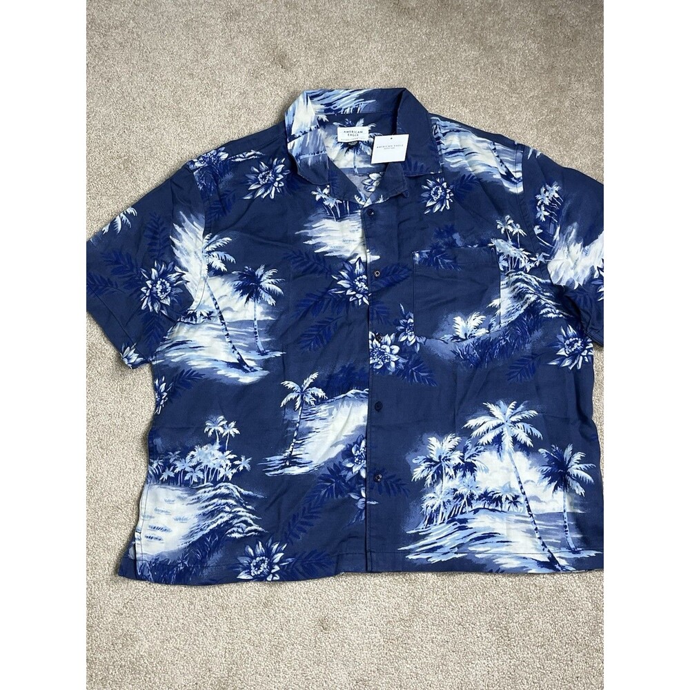 NWT American Eagle Men's Relaxed Fit Camp Collar Shirt XL Blue Tropical Palm